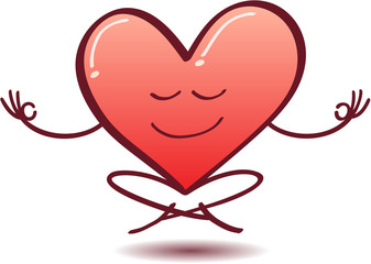 Cartoon red heart doing a Gyan mudra sign with both hands, half-smiling and floating while keeping in deep meditation