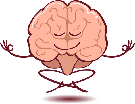 Cartoon brain doing a Gyan mudra sign with both hands, half-smiling and floating while keeping in deep meditation