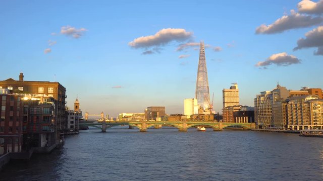 London City Skyline at Sunset With The Shard in Distance and River Thames