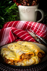Italian lasagna rolls on a plate. Small depth of field.