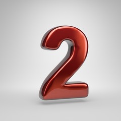 3D number 2. Red metallic letter isolated on white background