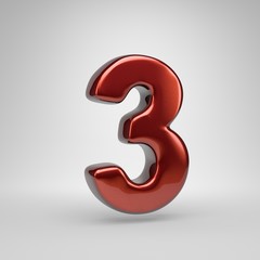 Fototapeta premium 3D number 3. Red metallic letter isolated on white background