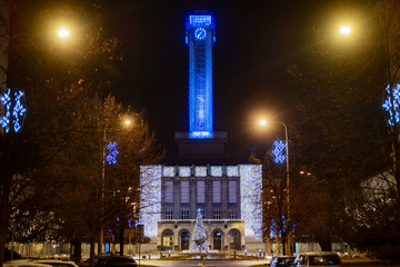 Ostrava city town hall with Christmas celebration light at night, Czech republic