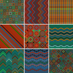 Set with nine colorful seamless abstract geometric pattern, vector illustration