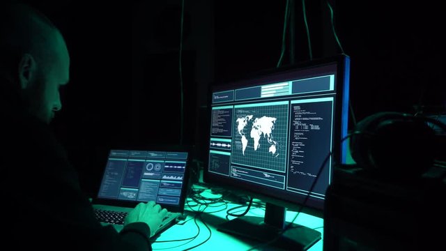 Hackers breaking server using multiple computers and infected virus ransomware. Cybercrime, information technology, phishing mail.