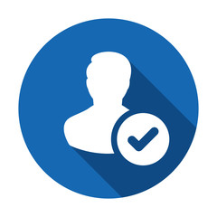 User profile sign web icon with check mark glyph. User authorized vector illustration design element. Flat style design icon. Account verified icon. Checked verified profile symbol. User accepted. Ok