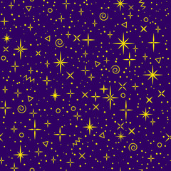 Golden shiny magical cartoon stars on dark purple sky, childish seamless pattern, vector