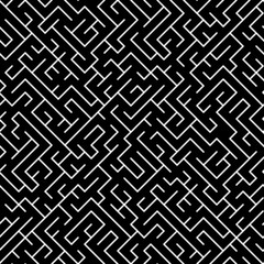Black and white maze puzzle geometric seamless pattern, vector