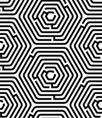 Black and white hexagon maze puzzle geometric seamless pattern, vector