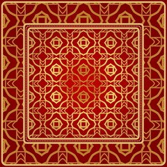 Background, Geometric Pattern With Ornate Lace Frame. Illustration. For Scarf Print, Fabric, Covers, Scrapbooking, Bandana, Pareo, Shawl. Red golden color