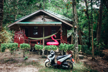 Bungalow and pink flamingo, Koh Chang   