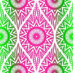 Seamless floral pattern in ethnic style. Decorative mandala element. Elegant design. Vector illustration. Pink, green color