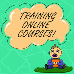 Fototapeta premium Word writing text Training Online Courses. Business concept for deliver a series of lessons to a web browser Baby Sitting on Rug with Pacifier Book and Blank Color Cloud Speech Bubble