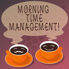 Word writing text Morning Time Management. Business concept for optimal use of the time available to them on the job Sets of Cup Saucer for His and Hers Coffee Face icon with Blank Steam