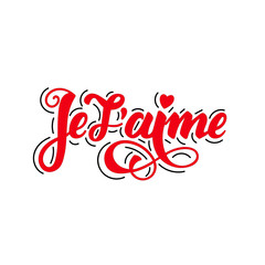 Fototapeta na wymiar Je t aime. Lovely Valentines day card with red colorlettering. Hand sketched Love text in French as logotype, badge and icon. Lettering for postcard, t-shirt, card, invitation, banner template, print