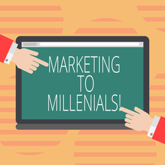 Word writing text Marketing To Millenials. Business concept for Be socially connected Internet savvy and stay mobile Hu analysis Hands from Both Sides Pointing on a Blank Color Tablet Screen