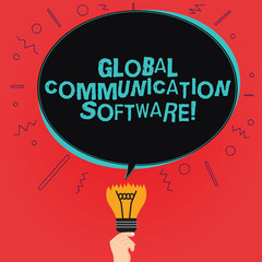 Writing note showing Global Communication Software. Business photo showcasing Ways to connect showing across geographic Oval Speech Bubble Above a Broken Bulb with Failed Idea icon