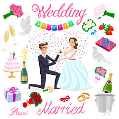 set vector wedding just married couple with hearts avatars characters. roses flowers champagne cake newlyweds pigeons gifts rings strawberry bow ice bubbles
