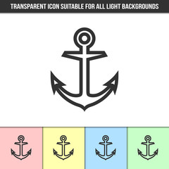 Simple outline transparent nautical boat anchor icon on different types of light backgrounds