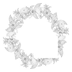 Wreath from vanilla orchid, pink lotus flower, floral round decoration border, botanical design element