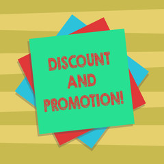 Text sign showing Discount And Promotion. Conceptual photo reductions to a basic price of goods or services Multiple Layer of Blank Sheets Color Paper Cardboard photo with Shadow