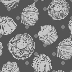 Desserts, cupcakes, pie,handmade,retro,vector illustration,Seamless pattern,Grey Colour