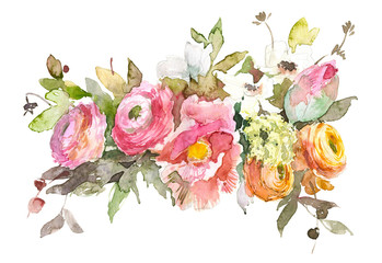 Watercolor illustration vintage bouquet of flowers poppy, ranunculus, beeries. Hand drawn spring illustration isolated on white background. For invitation, print, wedding - 244493214
