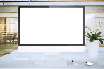 white screen computer at office mockup