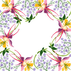 Purple ornament. Floral botanical flower. Watercolor background illustration set. Frame border ornament square.