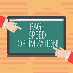 Word writing text Page Speed Optimization. Business concept for Improve the speed of content loading in a webpage Hu analysis Hands from Both Sides Pointing on a Blank Color Tablet Screen