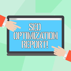 Conceptual hand writing showing Seo Optimization Report. Business photo showcasing Overview of a website perforanalysisce in search engine Hu analysis Hands Pointing on a Blank Color Tablet Screen