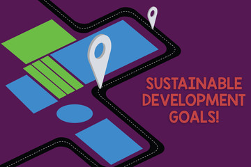 Writing note showing Sustainable Development Goals. Business photo showcasing Unite Nations Global vision for huanalysisity Road Map Navigation Marker 3D Locator Pin for Direction Route Advisory