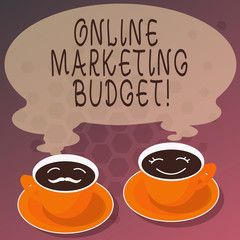 Word writing text Online Marketing Budget. Business concept for cost that will be required to promote products Sets of Cup Saucer for His and Hers Coffee Face icon with Blank Steam