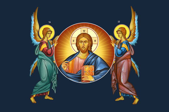 Jesus medallion with angels. Illustration - fresco in Byzantine style.