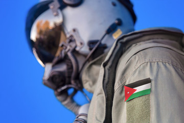 Air force pilot flight suit uniform with Jordan flag patch. Military jet aircraft pilot	