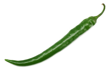 one green hot chili pepper isolated on white background. top view