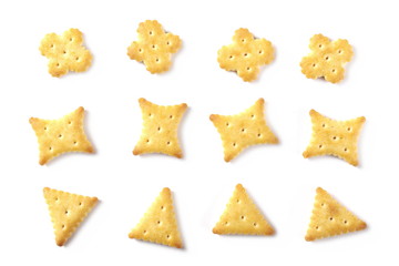 Salty cracker pretzel party mix, set and collection isolated on white background, top view
