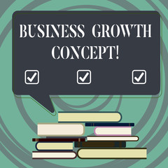 Handwriting text writing Business Growth Concept. Concept meaning process of improving some measure of success Uneven Pile of Hardbound Books and Blank Rectangular Color Speech Bubble