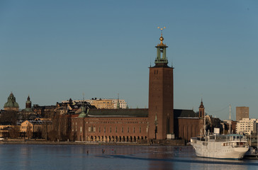 The Town City Hall in Stockholm a Sunny winter day at the frozen lake Mälaren
