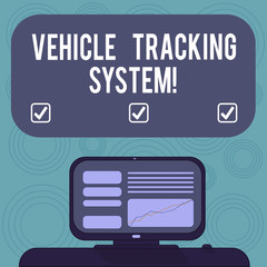 Conceptual hand writing showing Vehicle Tracking System. Business photo showcasing monitoring and tracking the vehicle via technology Mounted Computer Screen with Line Graph on Desk Text Box
