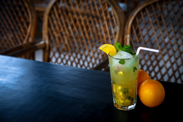 fresh mint juice along with orange, waiting for serve