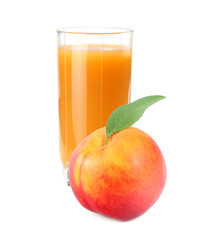 glass of peach juice with peach fruit and slices isolated on white background.