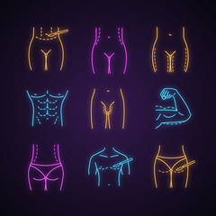 Plastic surgery neon light icons set