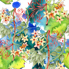 Yellow ornament floral botanical flower. Watercolor background illustration set. Seamless background pattern.