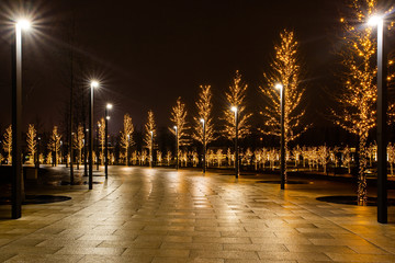 Night city park in the city of Krasnodar, Russia. The park is made in the same design style and...
