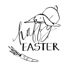Cute rabbits, hand draw illustration with letterings phrases-Happy Easter. Draw vector illustration set character design of cute rabbit.