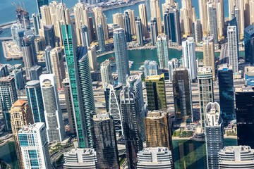 Aerial view of Dubai Marina skyline, close up on buildings from above, United Arab Emirates