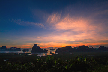 Silhouette Travel mountainous near the sea. Samed Nang Chee viewpoint, tropical area Phang Nga...