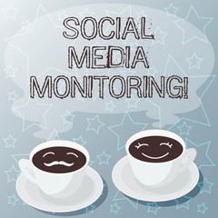 Handwriting text writing Social Media Monitoring. Concept meaning way of computing popularity of a brand online Sets of Cup Saucer for His and Hers Coffee Face icon with Blank Steam