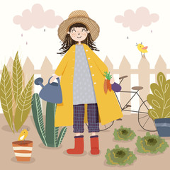 Vector illustration of a young brown-haired female wearing yellow coat, trousers and red boots, holding an eggplant, carrots in hand, watering can. Poster, eco local vegan, card. People gardening